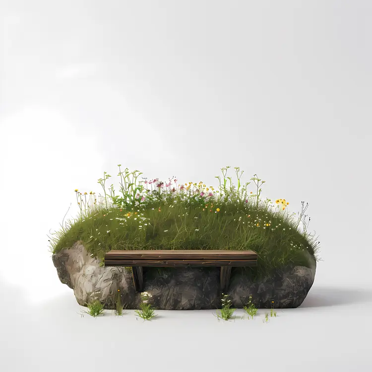 Wooden Bench on Grass with Flowers