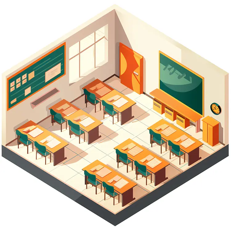 Isometric Classroom with Desks and Chairs