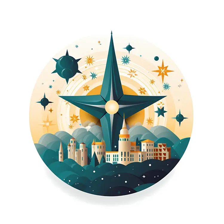 City Illustration with Prominent Star