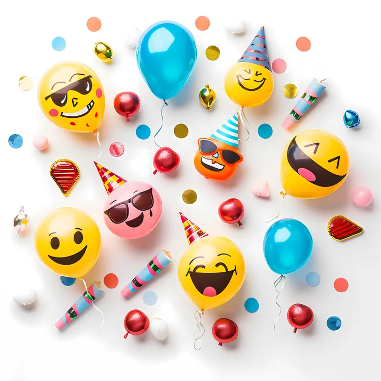 Smiley Balloons with Party Hats and Confetti