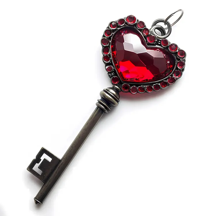 Heart Key with Red Jewel and Ornate Design