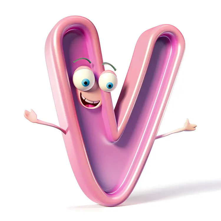 Pink Letter V Cartoon Character with a Smiling Face