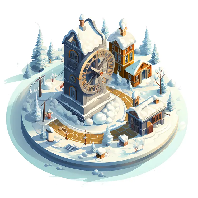 Snowy Village with Clock Tower