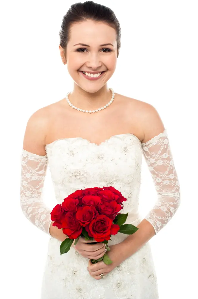 Bride in Wedding Dress with Red Bouquet