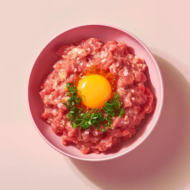 Raw Beef with Egg Yolk in Pink Bowl