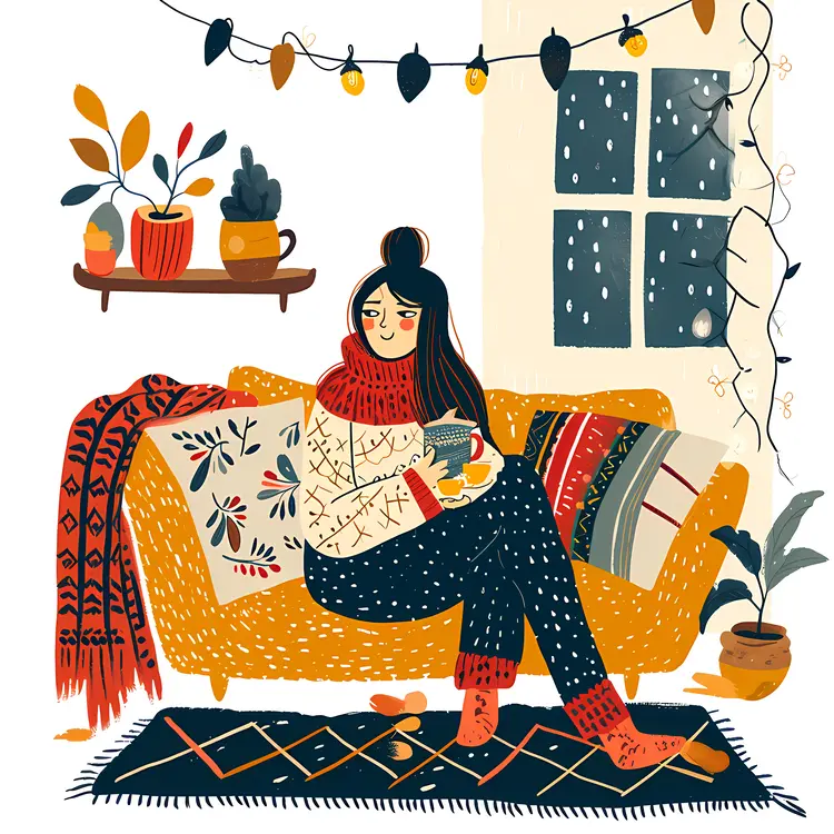 Cozy Woman with Cup on Sofa