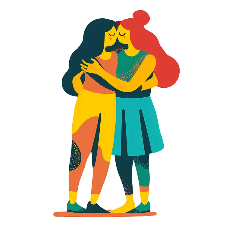 Two Women Hugging in Colorful Illustration