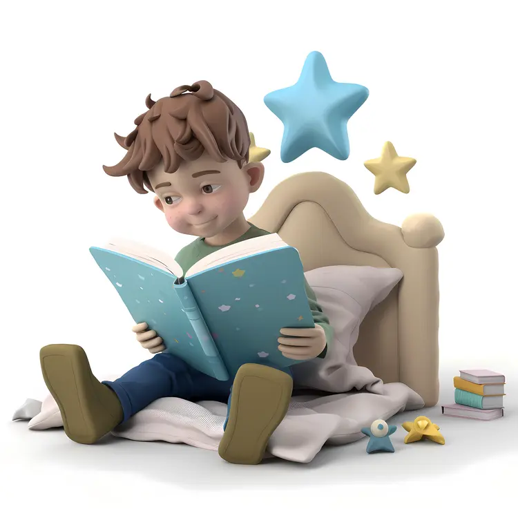 Boy Reading a Book in Bed with Stars