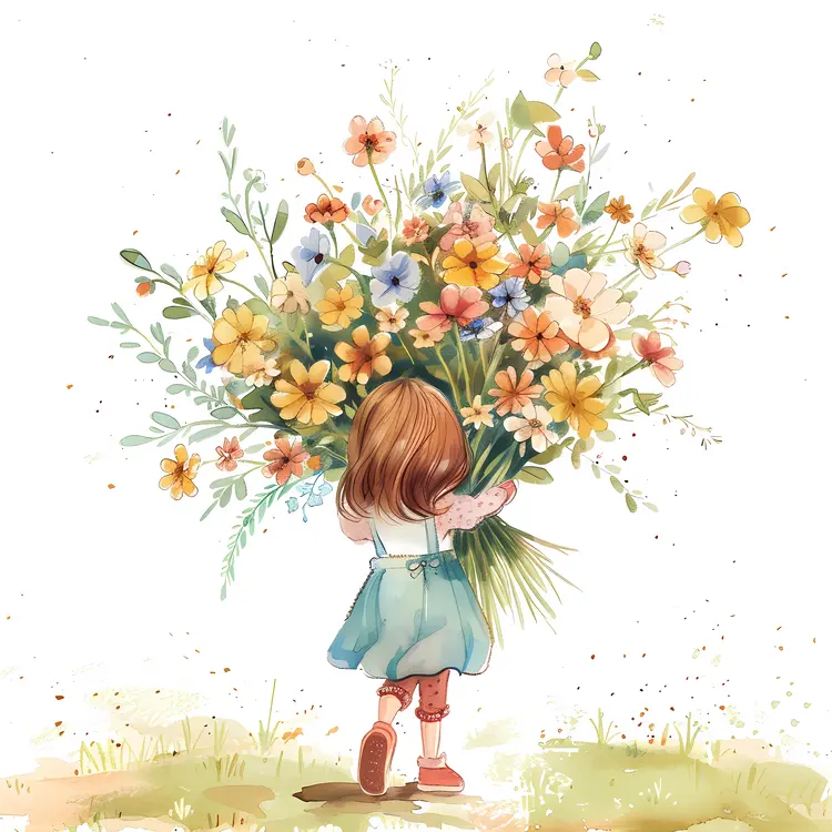Little Girl Holding a Large Bouquet of Flowers