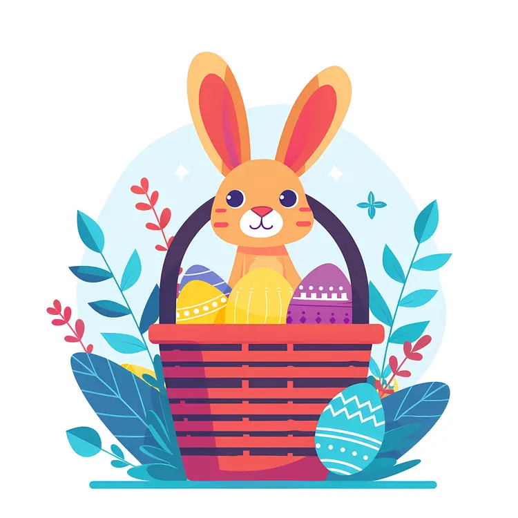 Easter Bunny in Basket with Colorful Eggs