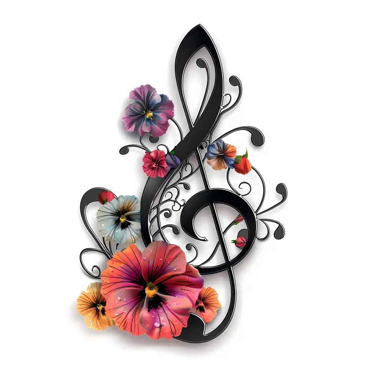Black Treble Clef with Colorful Flowers