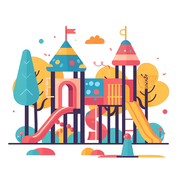 Colorful Playground with Slides and Trees