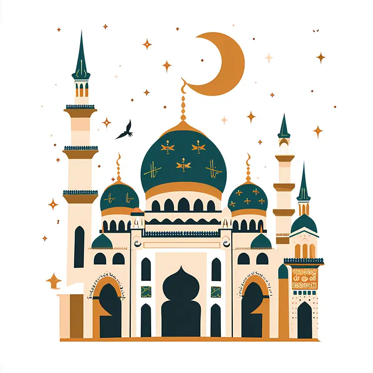 Green Dome Mosque with Minarets and Crescent Moon