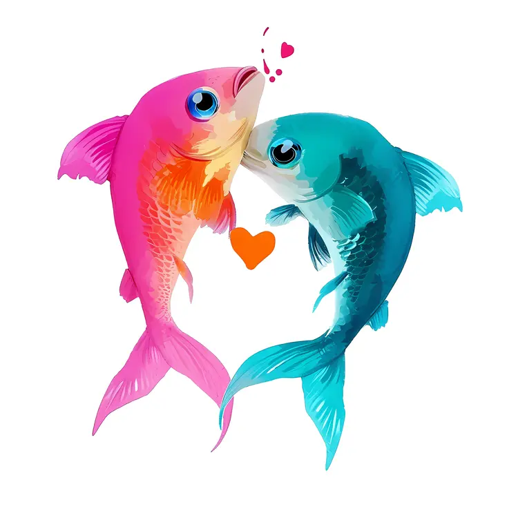 Pink and Blue Fish Pair with Heart
