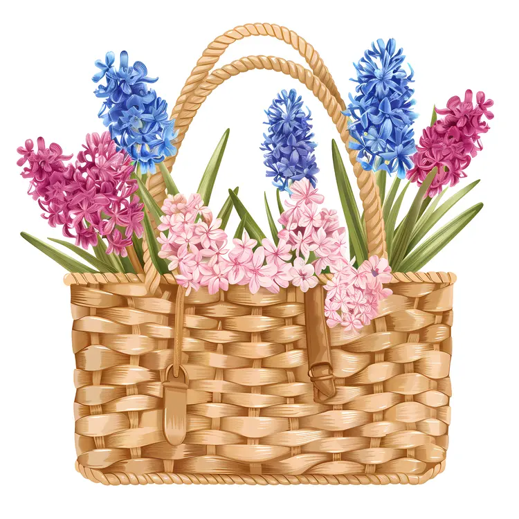 Wicker Basket Filled with Colorful Hyacinths