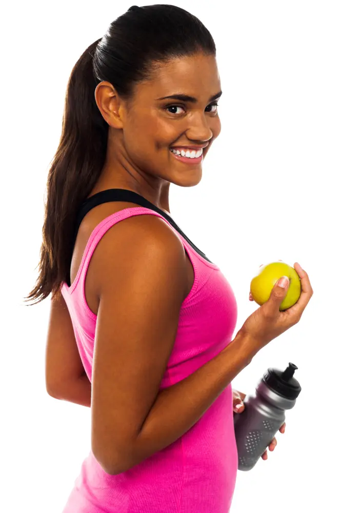 Smiling Woman with Apple and Water Bottle