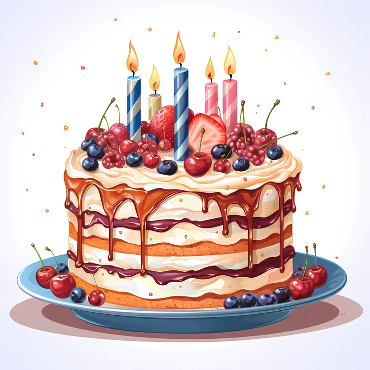 Layered Birthday Cake with Candles and Fresh Berries