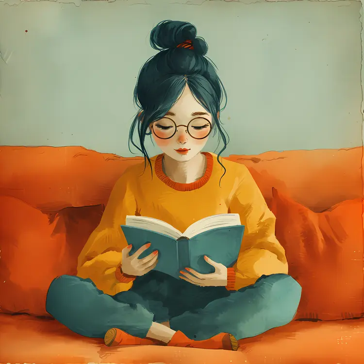 Girl with Glasses Reading a Book