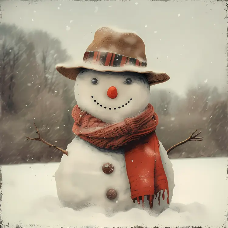 Snowman with Hat and Scarf in Winter Wonderland