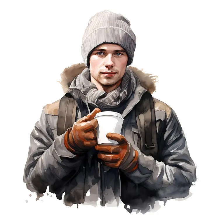 Young Man with Coffee Cup in Winter Outfit