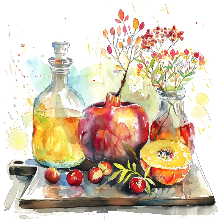 Colorful Fruit and Bottles Still Life