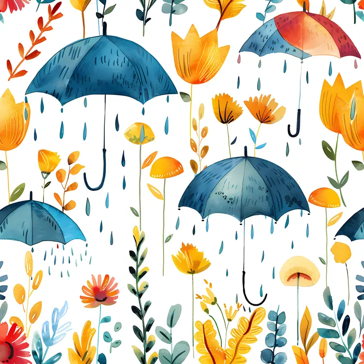 Colorful Umbrellas and Flowers Pattern