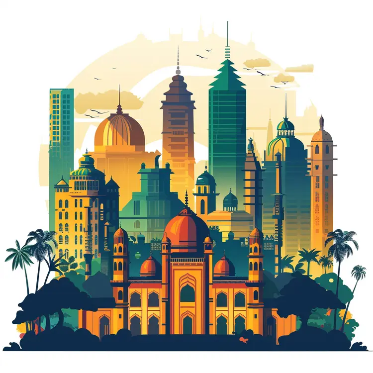 Cityscape with Palm Trees and Domes