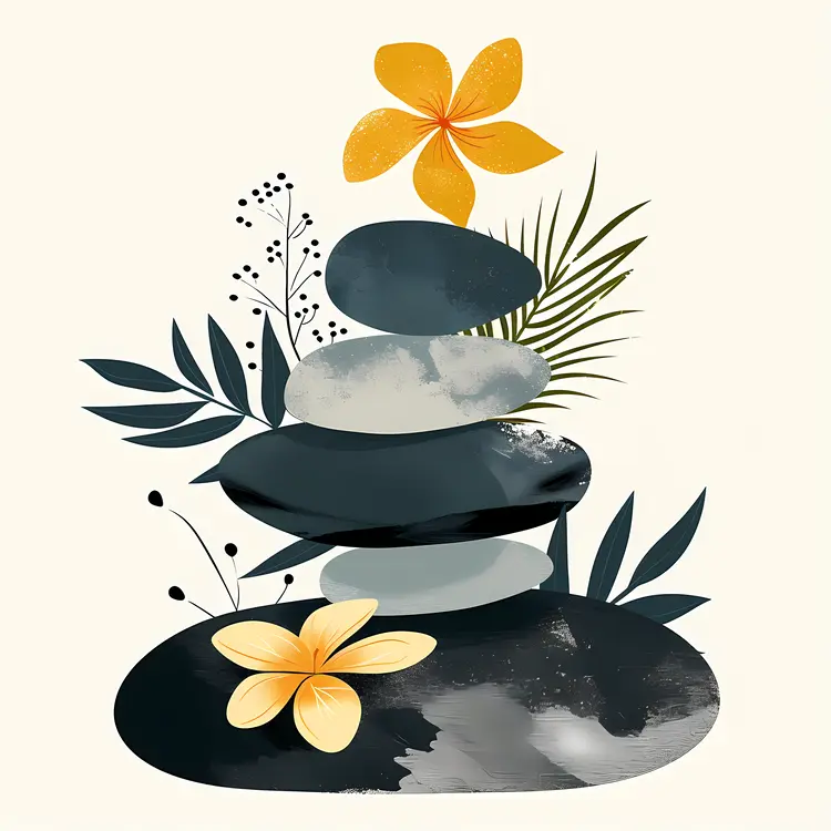 Zen Stacked Stones with Yellow and Orange Flowers