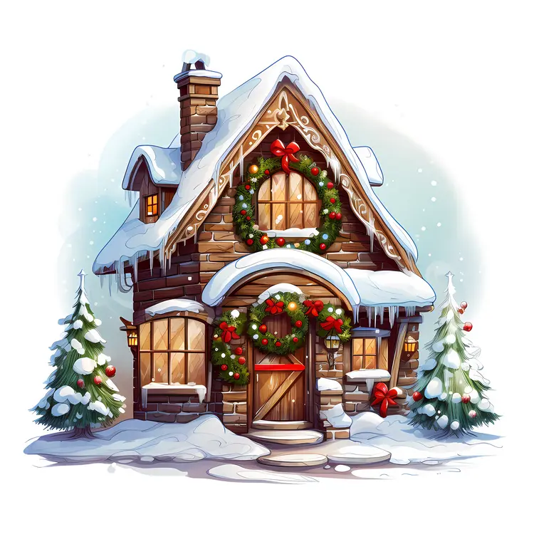House with Christmas Wreath and Snow
