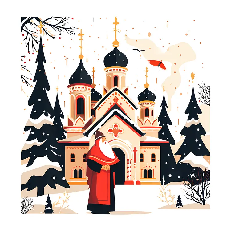 Russian Church with Priest in Winter