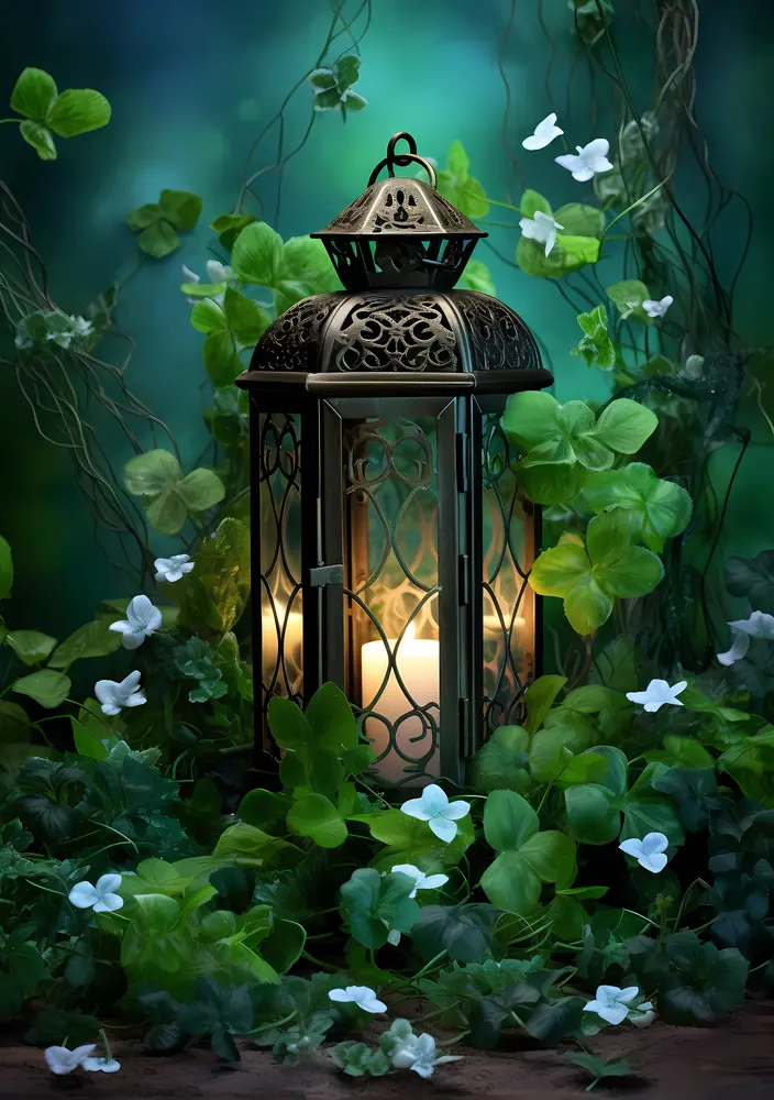 Mystical Lantern in Forest with Clover