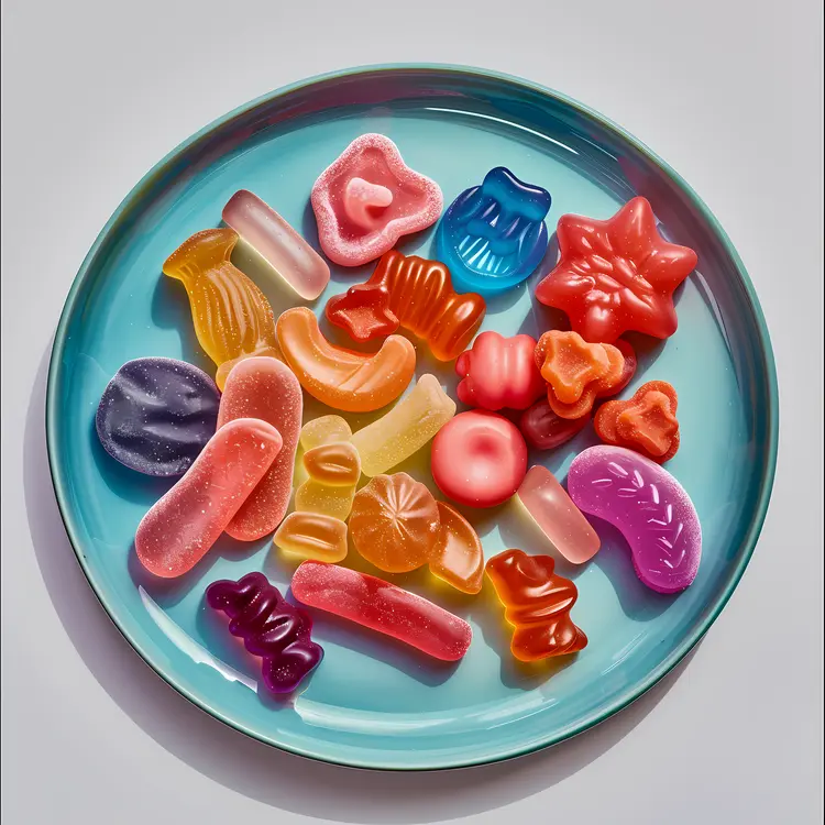 Assorted Gummy Candies on Blue Plate