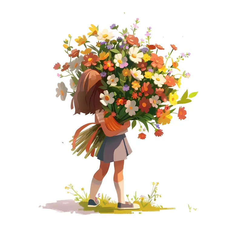 Girl Holding a Large Bouquet of Colorful Daisies