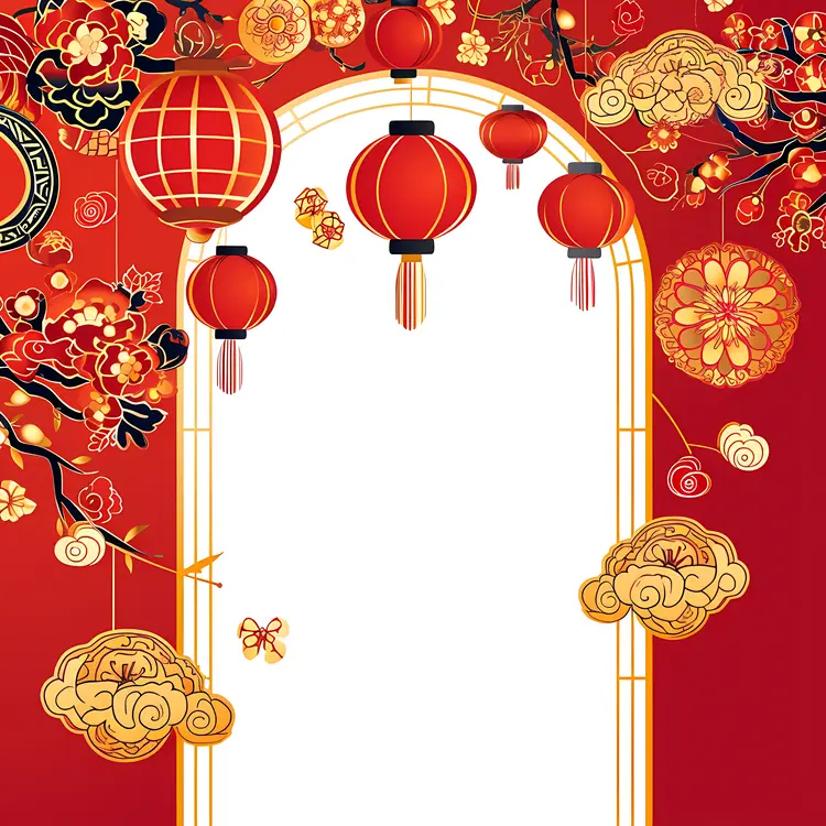 Red Lanterns and Flowers Decorative Frame for Chinese New Year