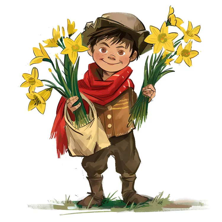 Boy Holding Yellow Daffodils with Bag