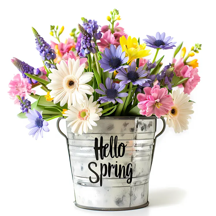 Hello Spring with Colorful Flowers in Bucket