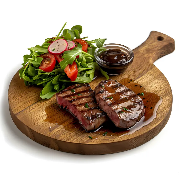 Grilled Steak with Fresh Salad on Wooden Board