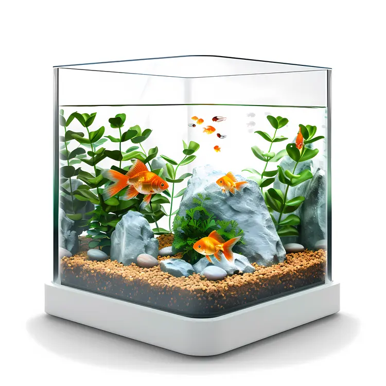 Square Aquarium with Goldfish and Plants