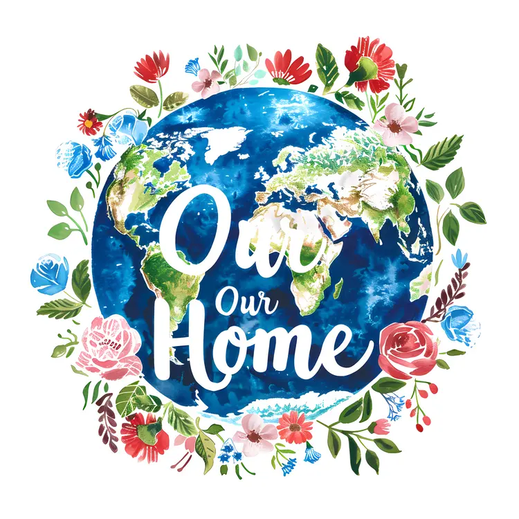 Our Home Earth with Colorful Floral Wreath