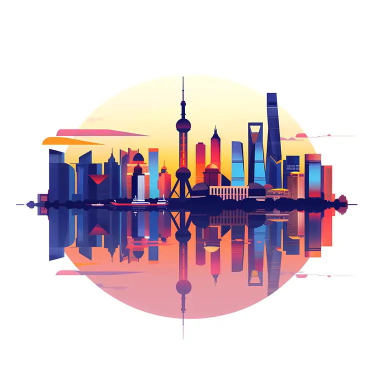 Colorful Cityscape with Reflection at Sunset
