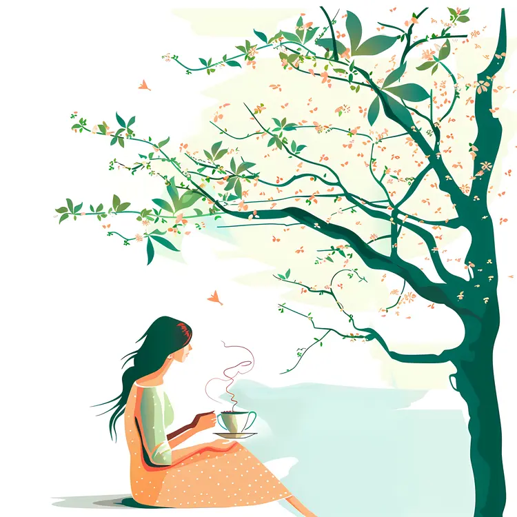 Woman with Tea under Blossoming Tree