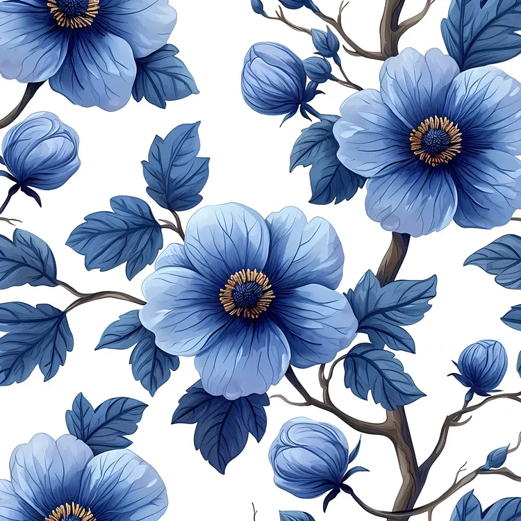 Blue Flowers with Buds and Leaves