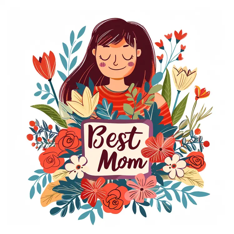 Best Mom Text with Floral and Woman Illustration