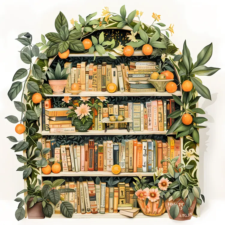 Bookshelf with Oranges and Greenery