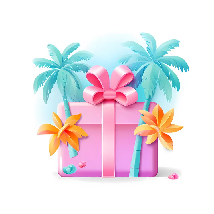 Tropical Pink Gift Box with Palm Trees and Flowers