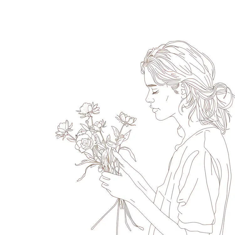 Line Art Woman Holding Flowers