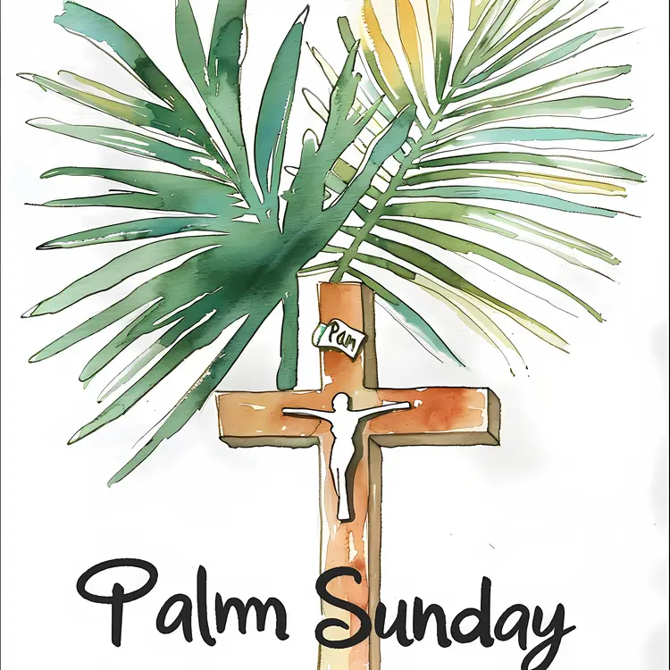 Palm Sunday Cross with Jesus and Green Palm Leaves