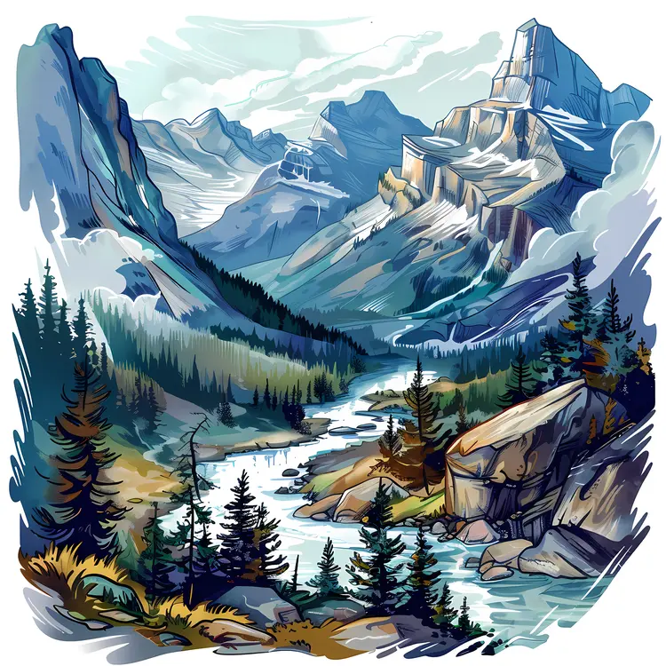 Mountain River Landscape Illustration