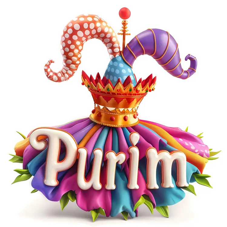 Purim Text with Jester Hat and Colorful Decorations