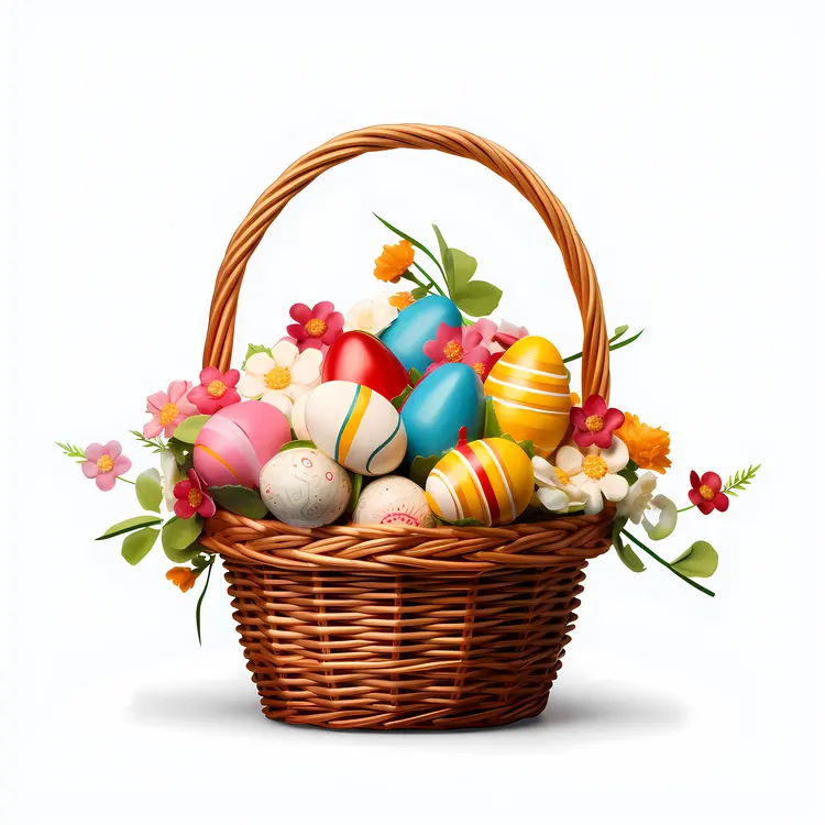 Colorful Easter Eggs in a Wicker Basket with Flowers